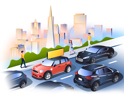 Outdoor Media advertising blue car car advertising character city downtown gradient illustration media outdoor san francisco street traffic vector