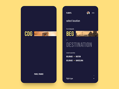 Flights animation app application blue clean dark design destination flights interface iphone minimal plane search sketch ticket travel ui ux yellow