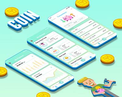 COIN app banking coin coins design finance finance app financial app flat illustration illustration ios isometric design piggy bank savings ui ux vector