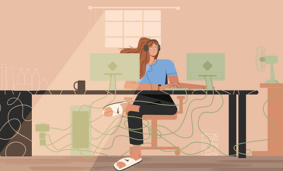 Home office cables character computer corona covid19 design fan headphones hoefler text home homeoffice illustration mug nikes office vector working