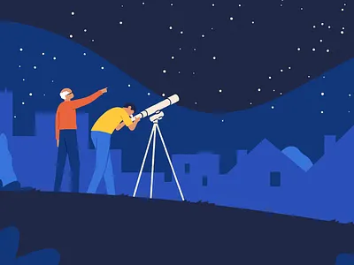 Discovery 2d character flat illustration illustrator night telescope