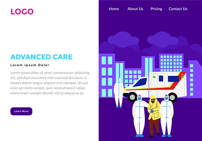 Landing Page Advance care on Covid-19 virus ambulance corona coronavirus covid 19 flat design illustration landing page paramedic people ui vector wuhan