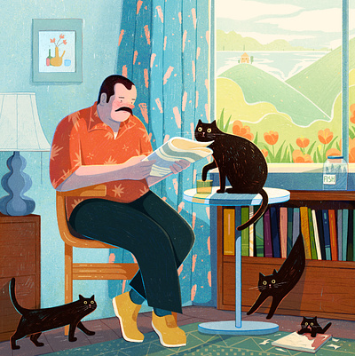 Man with cats animal cat character home house illustration man people procreate reading room uran