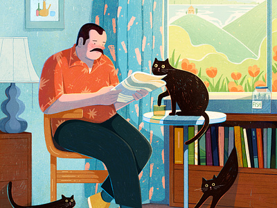 Man with cats animal cat character home house illustration man people procreate reading room uran