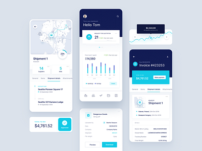 Logicsols - Supply chain platform - Mobile App Pages arrival cards cargo chart clean dashboard departure details graph invoice map mobile overview payment platform route shipment supply chain transport ui