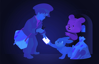 postman 2020 adobe illustrator banny bear blue design flat fluid illustration magic mortido night postman vector wavy window