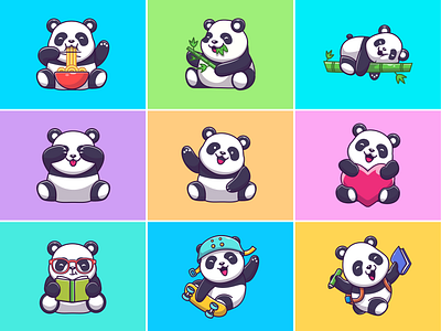 Panda Collections! 🐼🐼🐼💤🍜 animal bamboo character cute eat icon illustration logo mascot noodle panda school