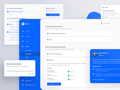 Legal page design elements app blue clean company dashboard documents incorporation legal menu notes product profile share startglobal status ui ux web web design website