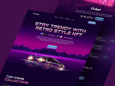 Retrend - NFTs Landing Page 80s 90s aesthetich artwork blockchain crypto cyberpunk design digital futuristic landing page marketplace metaverse minimalist nft retro trend ui uiux website