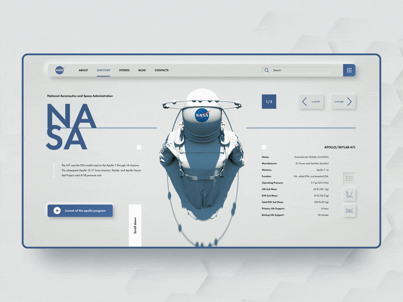 Apollo A7L 3d a7l animation apollo blue c4d card cinema4d concept nasa neomorphic neomorphism skylab spacesuit ui ux ui