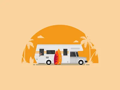 Time to travel, chill and surf beach car flat illustration palm summer sun surf surfing travel trip vector