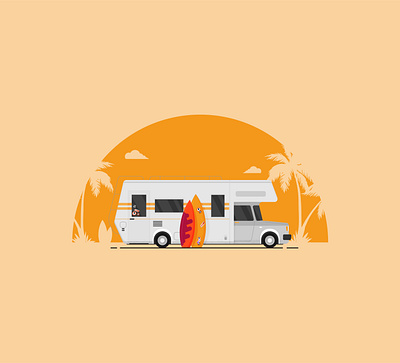 Time to travel, chill and surf beach car flat illustration palm summer sun surf surfing travel trip vector