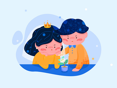 The little tree has grown blue character cute grain happy illustration little girl pot tree wedding yendao