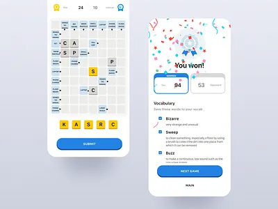 Word Game App UI animation arroword branding cat confetti crossword duolingo flashcards game ui gamification icon lexics medal puzzle puzzle game ui ui vocabulary word game