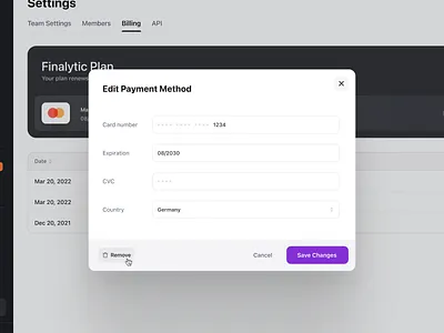 Settings button style clean dashboard design system edit payment methid fintory form input modal popover popup send settings ui upload user interface ux web