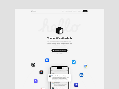 Notife – Website 404 app cards clean design framer homepage hub integrations ios marketing minimal mobile mobile app modern native notification ui ux website