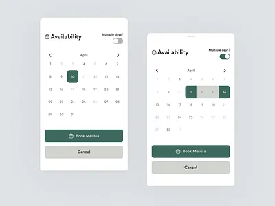 Mobile calendar UX/UI design app booking calendar calendar range dashboard design green ios minimalistic mobile app modal ranged calendar touch ui ux