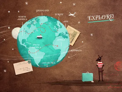 Explore! adventure animal drawing explore globe illustration kids art kids book kids illustration photoshop postcards travel trip world