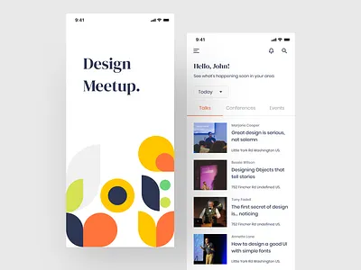 Design Meetup - Concept Mobile app Design abstract app clean conference design design meetup event app events home screen illustraion meetup mobile mobile app design mobile application mobile ui pattern splashscreen talks trending ui