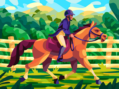 Horse riding art cartoon character design digital drawing horse illustration landscape riding vector