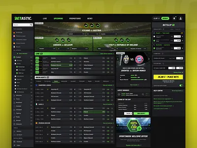 Betastic Sportsbook ads banner bets betslip betting dark dark ui design filtering gambling leagues lime green live sports matchbook matches menu bar offers score sports sportsbook