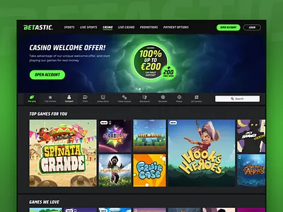 Betastic Casino banner betting casino categories curation dark design filtering gambling games gaming grid layout grid view menubar notifications offers personalisation side bar slots thumbnails