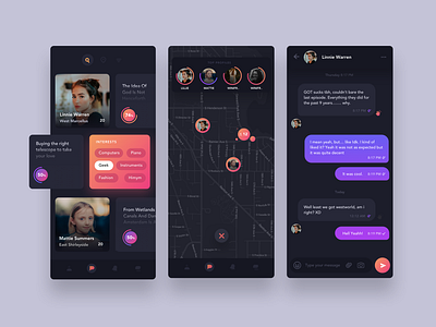 Friend Finder App - Dark Theme chat dark dark map dark ui listing map mobile app mobile ui tile ui ux