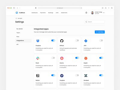 Cubicus Settings - Integrations apps clean dashboard google integrations jira product design saas saas dashboard settings slack