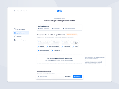 Hiring Platform – Screening Question Creation board clean creation feature flow hiring inputs interaction job ad locked minimal modern platform premium user experience user interface web app wizard