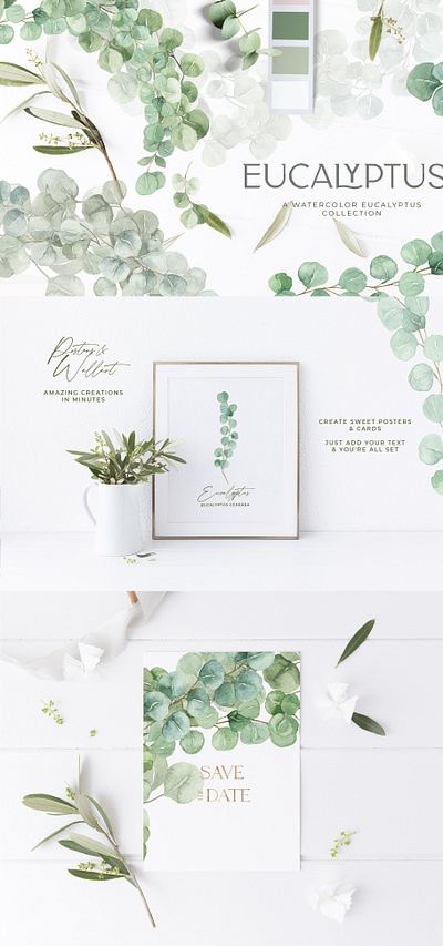 Eucalyptus Green Gold Watercolor Set art background branches card clipart design eucalyptus floral flowers gold gold watercolor graphic graphic design graphics green greenery illustration vector watercolor watercolor set