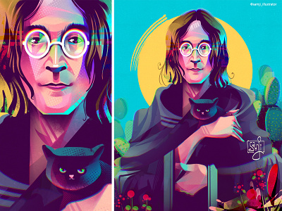 John Lennon and Caverito cat character design editorial illustration freelance illustrator illustration illustrator john lennon samji illustrator