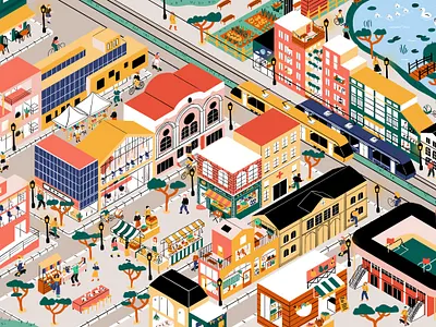 Animaville buildings characters city city illustration food lake map perspective