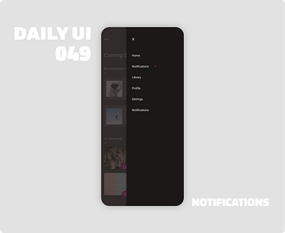 049_Notifications audio app daily100challenge dailyui dailyui 049 dailyuichallenge dark mode day49 flatui ios design menu design menu slide out minimalist mobile design notification center notifications podcast app design