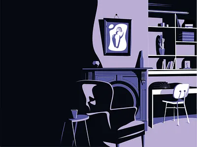 Home office book cactus chair chairs cocooning colours contrast cosy desk fireplace home office illustration light plant poster purple safe shadow sofa woman