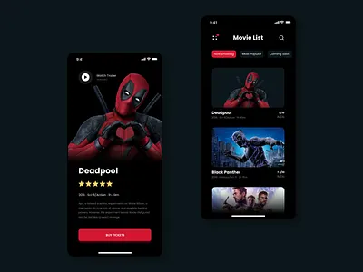 Movie UI app app design black dashboad dashboard ui deadpool design experience imdb list movie movie app tickets ui ux
