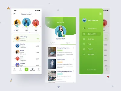 Community Reporting App app design ios leaderboard leaders leadership location map menu minimal minimalistic profile sidemenu ui uidesign uiux