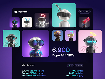 AngelBlock NFT - Landingpage 3d angels characters crypto dark defi demons design landingpage madebyproperly mint nft nftcollection properly purple ui