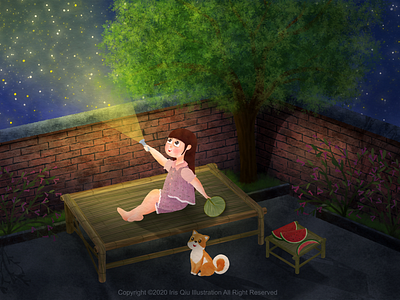 Summer night children illustration dog girl illustration night picture book stars summer tree