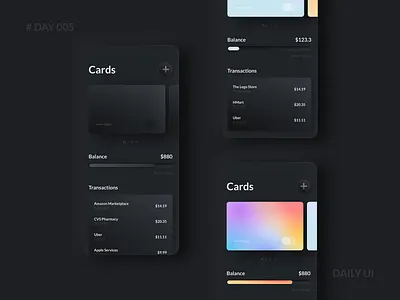 Daily UI 005 - Neumorphism Mobile Wallet UI Dark Mode app design black credit card dailyui dailyuichallenge dark mode dark ui design fintech gradient mobile banking neumorphism payment app wallet
