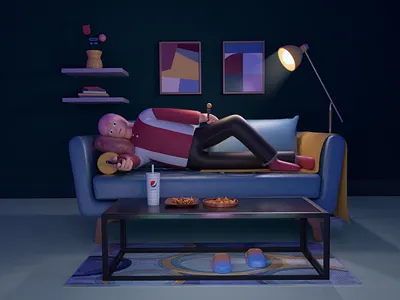 Happy night c4d chair character chicken cinema 4d design eating floorplan girl illustration lying night octane watch tv