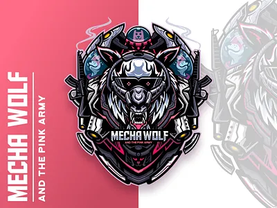 Mecha Wolf and the Pink Army animal cartoon character esport game gaming mascot mecha mechandise mechanical merch t shirt team tshirt design vector wolf wolf logo wolfpack