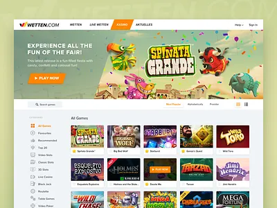 Wetten Casino banner casino casino games categories dark design favourites filtering games gaming grid grid layout grid view library light list menu player side menu thumbnails