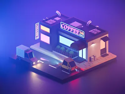 Street night 3d 3d art coffee coffee shop low poly lowpoly night road street vehicle
