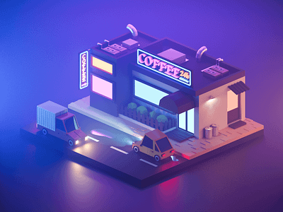 Street night 3d 3d art coffee coffee shop low poly lowpoly night road street vehicle