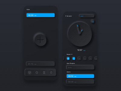 Simple Alarm Clock alarm clock app blue colors dark dark design dark ui design digital gradient iphone minimal neumorphism round shadow skeuomorphism time ui uiux