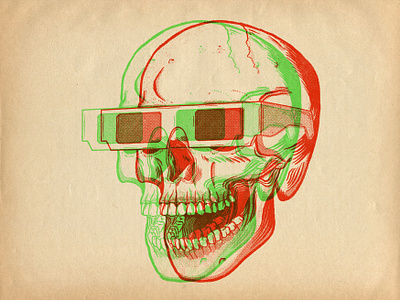 Stay at home, watch movies 3d 3d glasses anaglyph brush pen halftone illustration line art lowbrow retro skull vintage