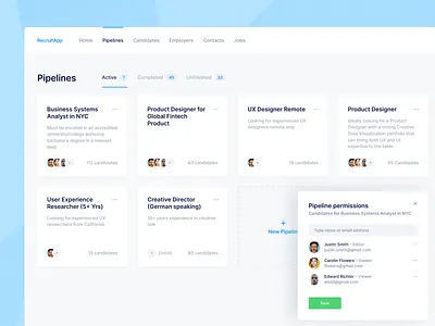 Hiring CRM Platform — Pipelines board boards buckets candidate careers crm dashboard data employer flow folder funnel group hiring hr jobs pipeline project sharing