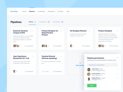 Hiring CRM Platform — Pipelines board boards buckets candidate careers crm dashboard data employer flow folder funnel group hiring hr jobs pipeline project sharing