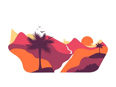 Sunrise river landscape with tropical palm art design floral illustration island landscape nature palm river sand sky sun sunrise tree tropical vacation vector water