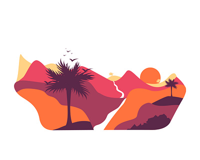 Sunrise river landscape with tropical palm art design floral illustration island landscape nature palm river sand sky sun sunrise tree tropical vacation vector water